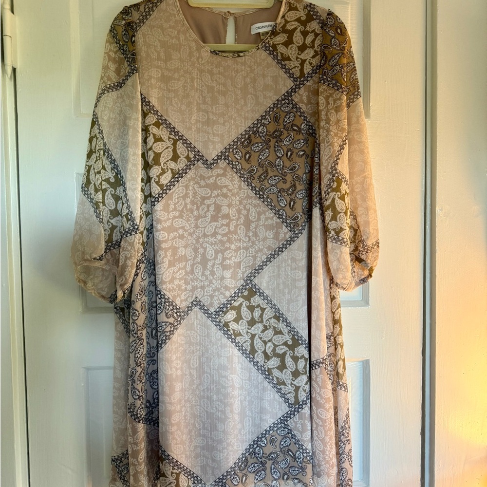 Calvin Klein Peach and Paisley Print Long Sleeve Dress